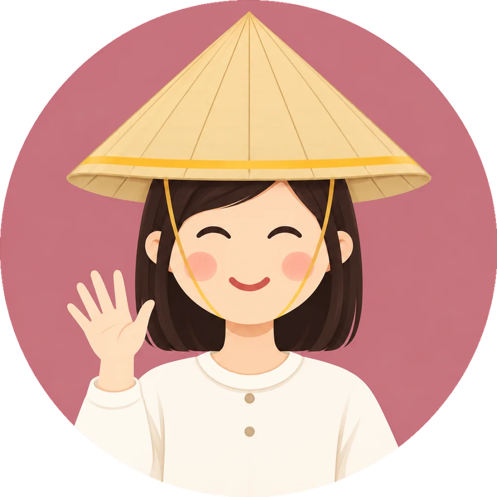 Nhân vật Linh minh họa, đội nón lá và vẫy chào